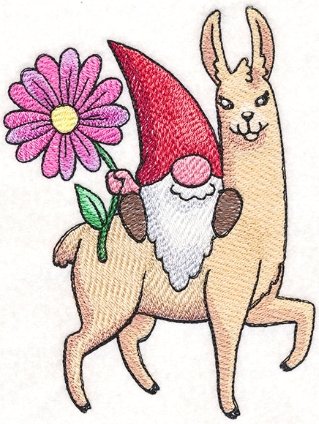 A llama with a gnome hat, carrying a pink flower with a yellow center on its back.