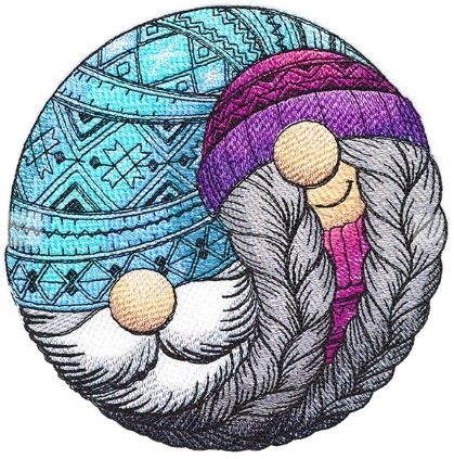 Circle with two hippy gnomes wearing winter hats with blue, purple, and white colors, surrounded by intricate patterns.
