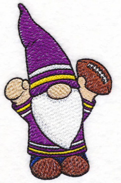 Embroidered gnome wearing a purple hat and robe, holding a brown football.