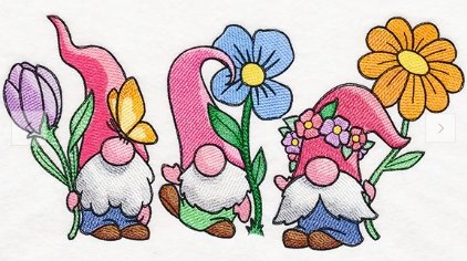 Three garden gnomes holding large colorful flowers, including a purple tulip, a blue flower, and a yellow flower.