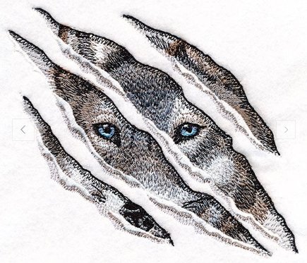 Drawing of a wolf with piercing blue eyes emerging through torn paper-like rips.