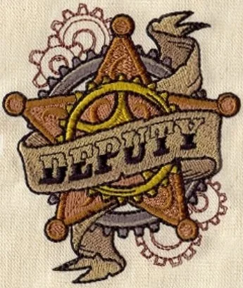 A tattoo design featuring a sheriff's badge with the word 'Deputy' on a banner, surrounded by gears, a star, and a snake.