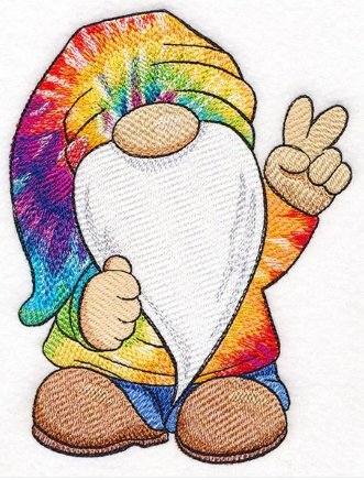A colorful gnome with a rainbow tie-dye hat and shirt, holding a large white ice cream cone and making a peace sign.