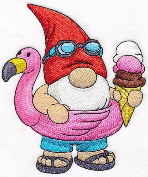 A colorful embroidered cartoon gnome with a red hat and goggles, holding an ice cream cone and riding a pink flamingo float.