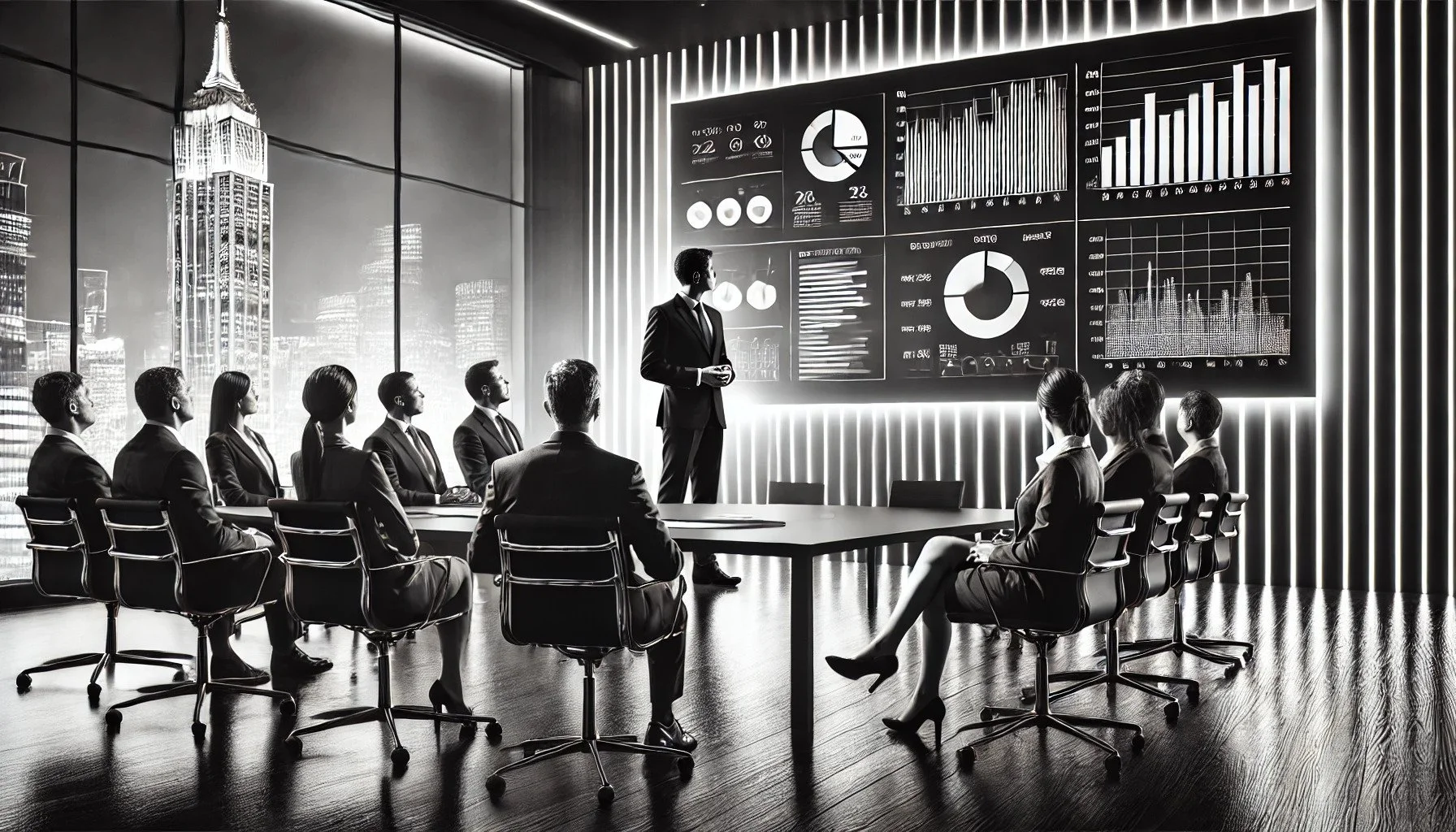 Black and white photo of a business meeting with a man presenting data on large screens to a seated audience in a modern conference room with cityscape window view.