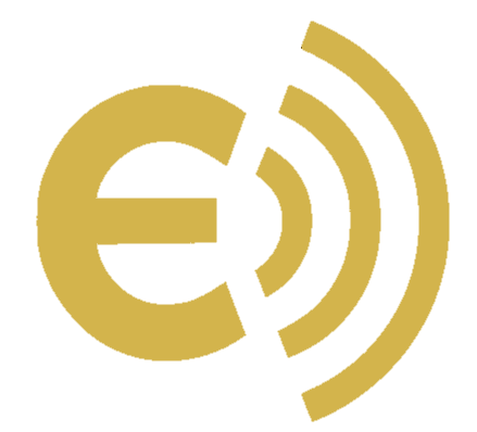 Gold-colored logo featuring a stylized letter E with sound waves emanating from it.