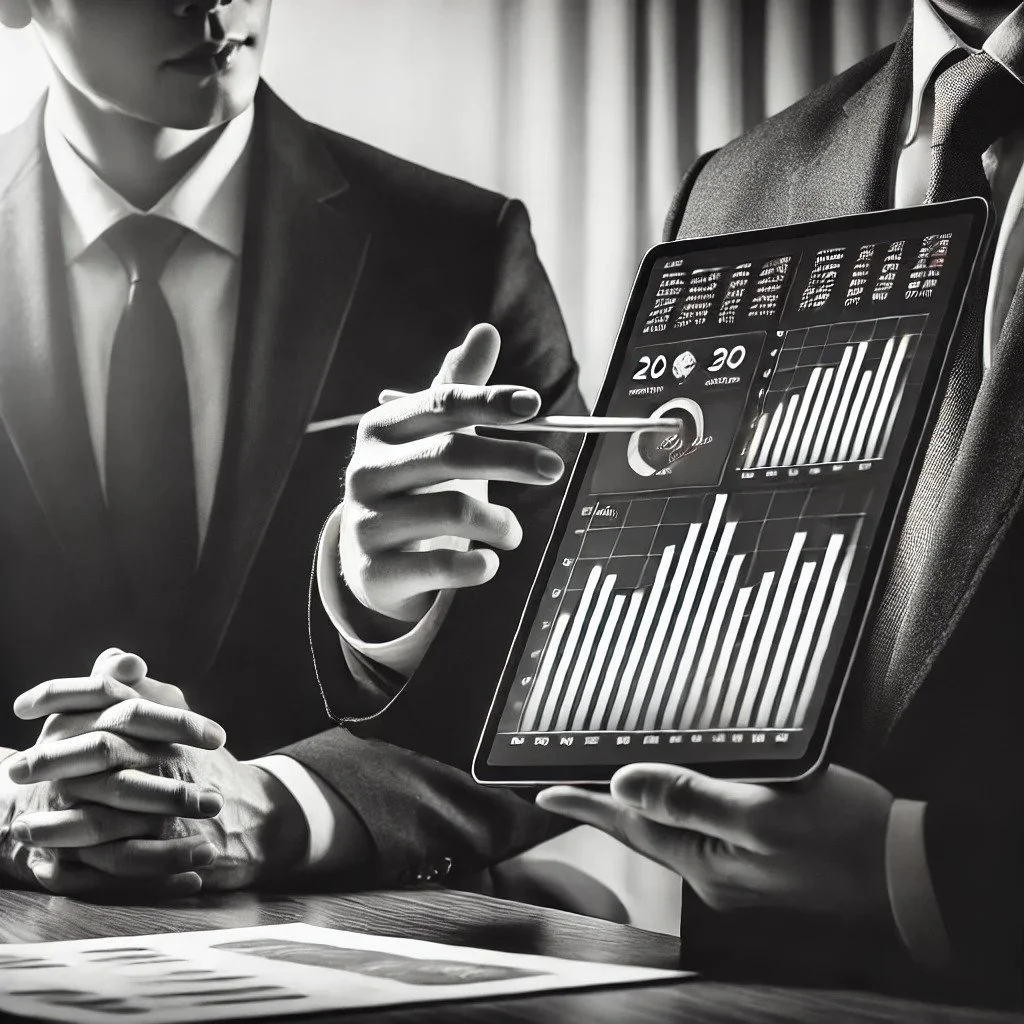 Business professionals in suits reviewing multiple financial charts and data on a tablet.