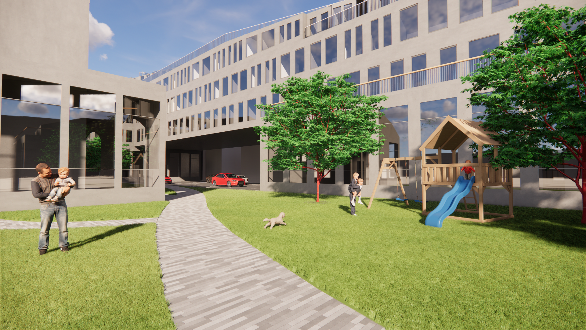 Modern residential building with a shared green yard featuring children playing on a slide and swings, a man holding a child, and a dog on grass, with cars parked under the building and tall trees providing shade.