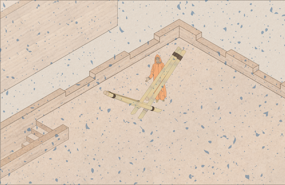 A person in an orange coat and hood stands outdoors in a beige courtyard at his construction site, laying the foundation of a building. The person is holding a wooden straight edge.