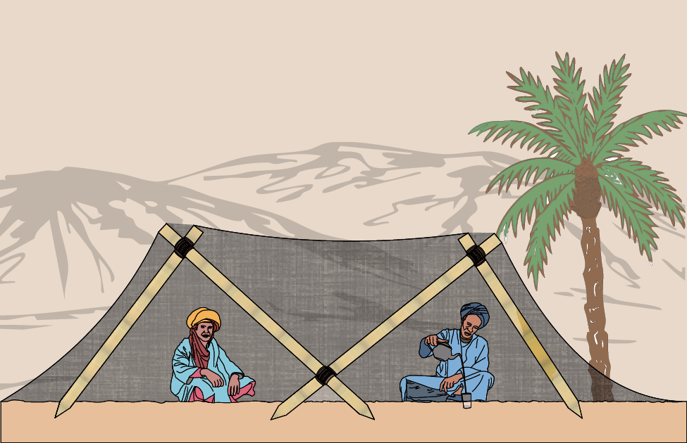Illustration of two men sitting inside a tent with a palm tree in the desert.