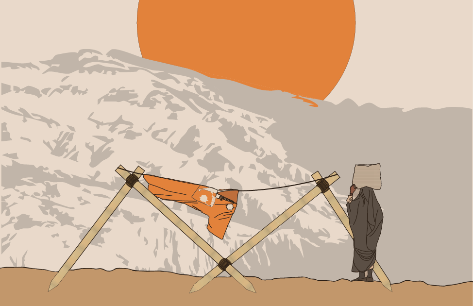 A person wearing a blanket over their head, standing near a makeshift clothesline with orange clothing hanging, against a backdrop of a mountain and a large orange sun.