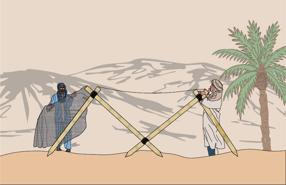 Illustration of a man in traditional Middle Eastern attire praying and a man in Middle Eastern attire holding a camera, with a camel in the background, on a desert landscape with mountains and a palm tree.