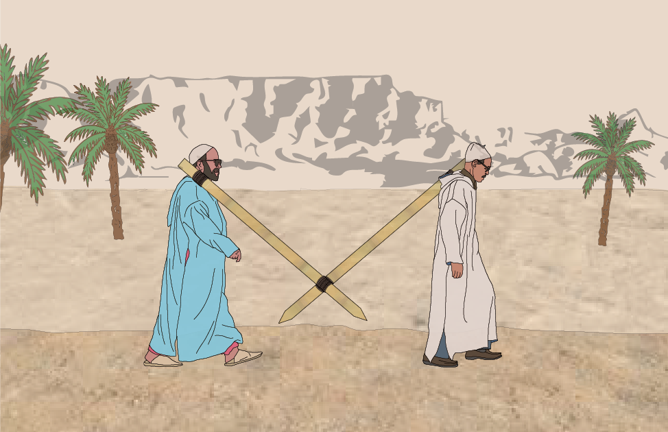 Two men dressed in traditional Middle Eastern attire are walking in a desert landscape with palm trees and mountains in the background, crossing swords.
