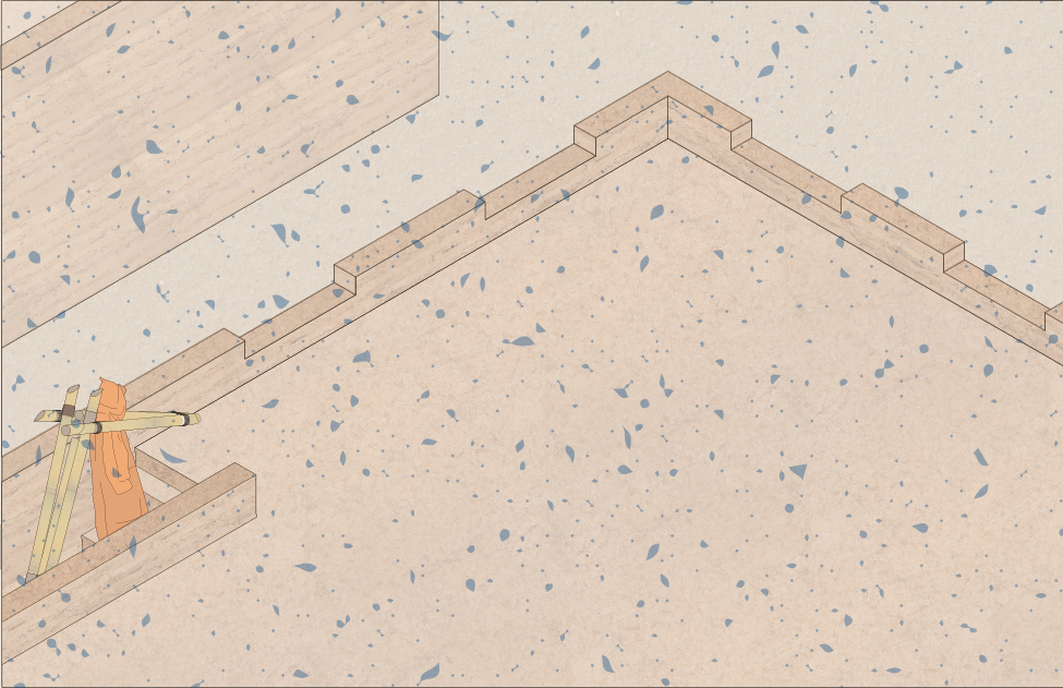 Illustration of a construction site foundation with wooden formwork in place for concrete pouring, a level tool, and an orange safety vest hanging on the formwork.
