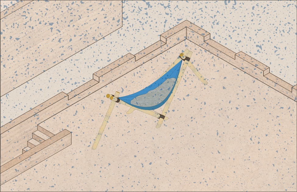 A garden hammock with blue fabric, supported by wooden posts, placed on a gravel surface near a brick wall and staircase.