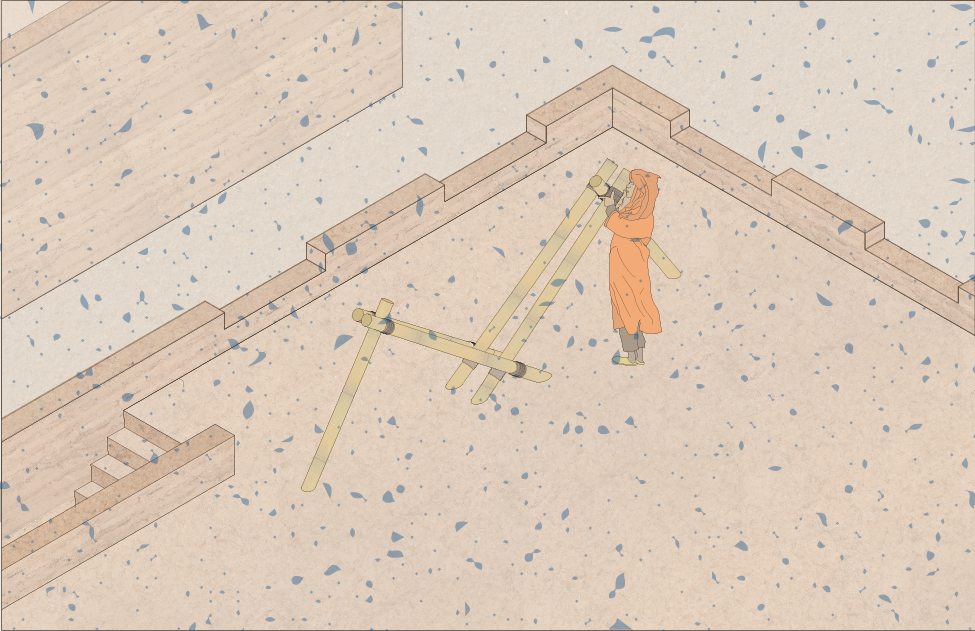 An illustration of a construction worker measuring a wooden plank with a handheld tool on a concrete surface next to a wooden staircase and wall.