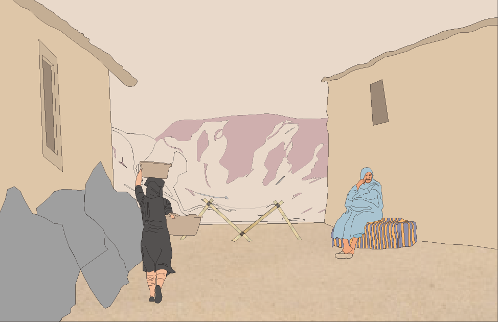 A woman in dark clothing standing on the ground, washing her hair in a basin near a wall. She is outside a tan building, with another person sitting on a striped bench, wearing a blue robe and headscarf, holding a cellphone. There are rocks and a wall in the background.