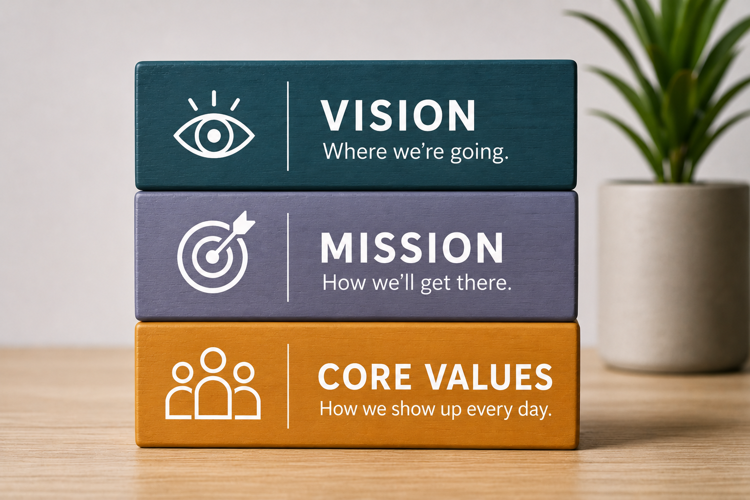 Vision, Mission, and core values blocks representing organizational alignment and workplace culture.