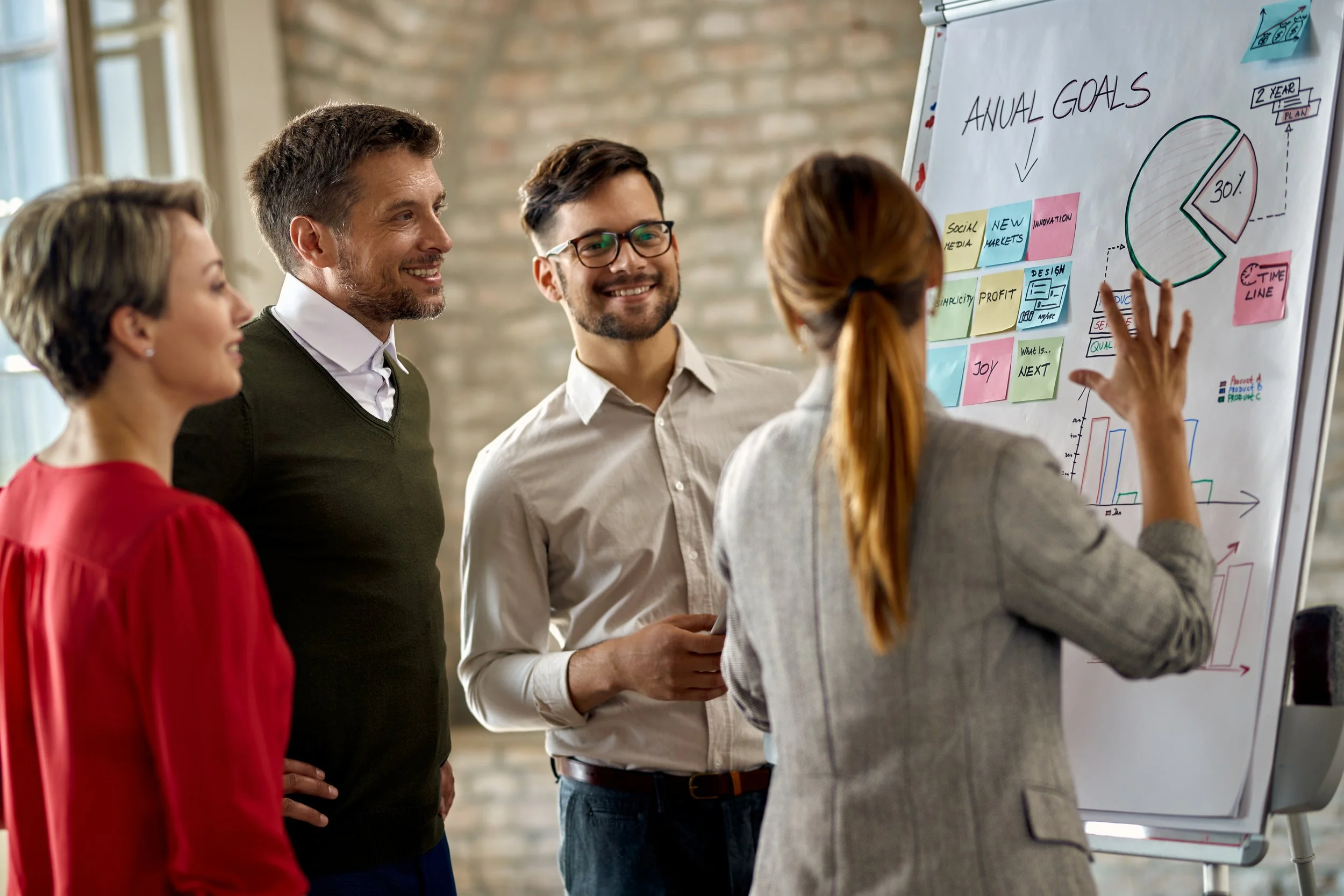 A group of four people, three men and one woman, are standing in front of a whiteboard with a presentation about annual goals. They are smiling and listening attentively to the woman who is pointing at the whiteboard.