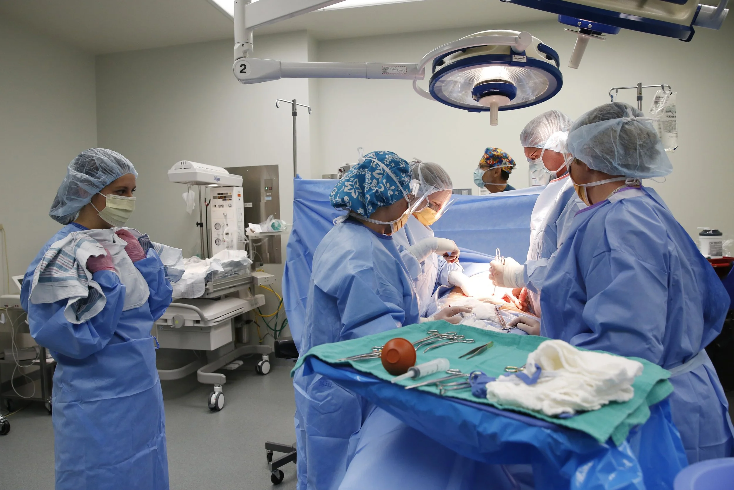 Doctors and nurses deliver Brynleigh Sage Walters by Cesarean section.