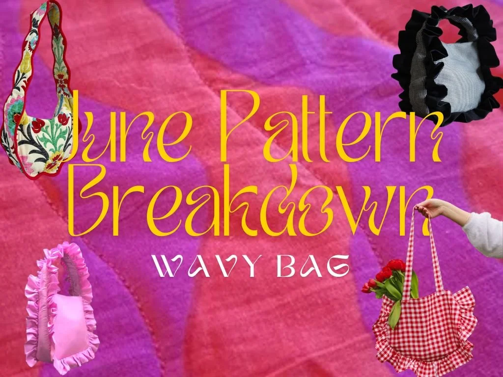 Colorful quilt with large yellow and black text saying "Jury Pattern Breakdown" surrounded by four handbags with different patterns and colors, including red with ruffles, pink with ruffles, floral, and checkered with roses.