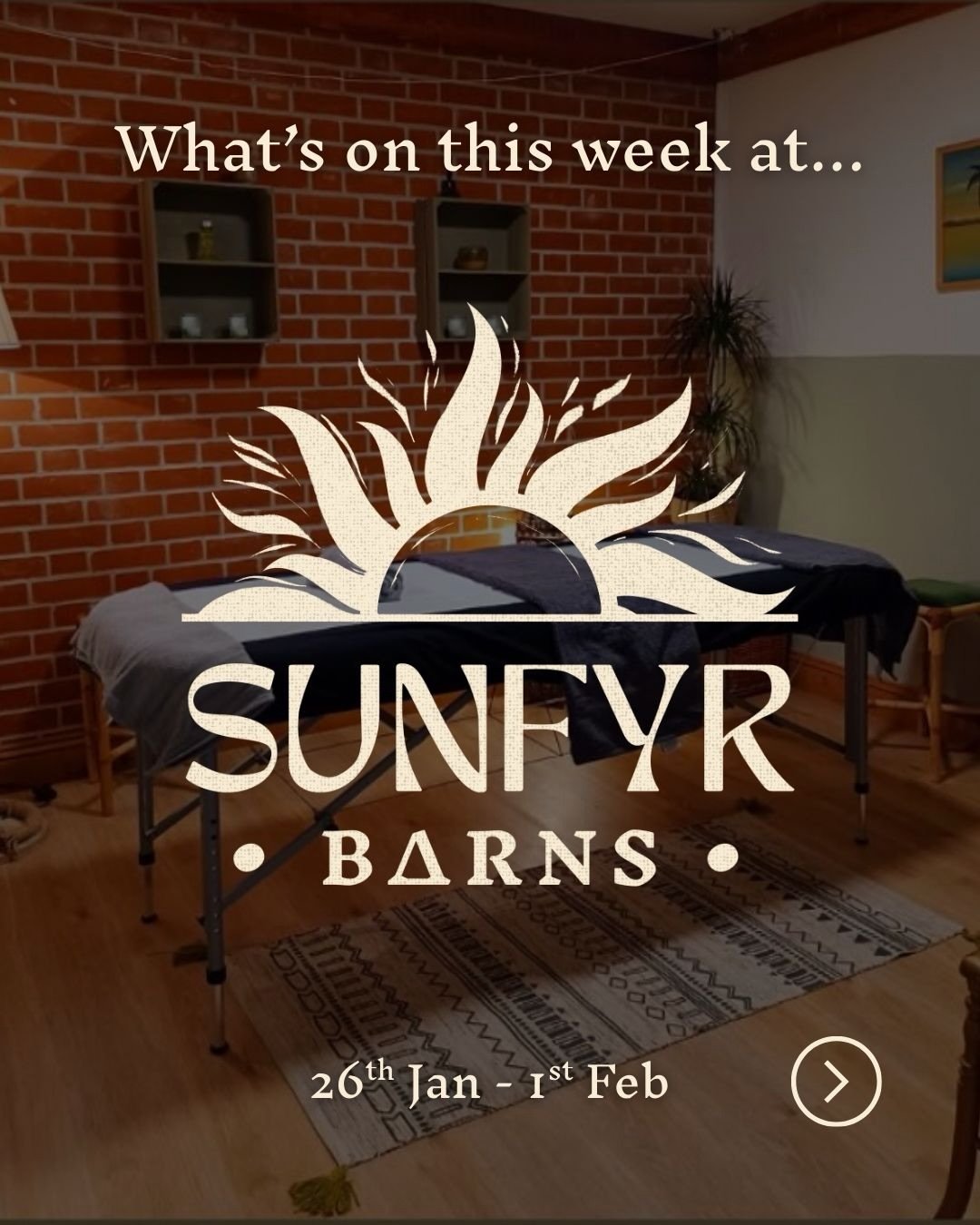 This week at SunFyr &bull; 26 Jan&ndash;1 Feb 🤎

Grounding classes, calm moments &amp; creative workshops.

✨Monday
Yoga for Awakening (Jess) &bull; Qigong (Deniz) &bull; Mum &amp; Baby (Jess) &bull; After-School Kids (Molly) &bull; Yoga Fundamental
