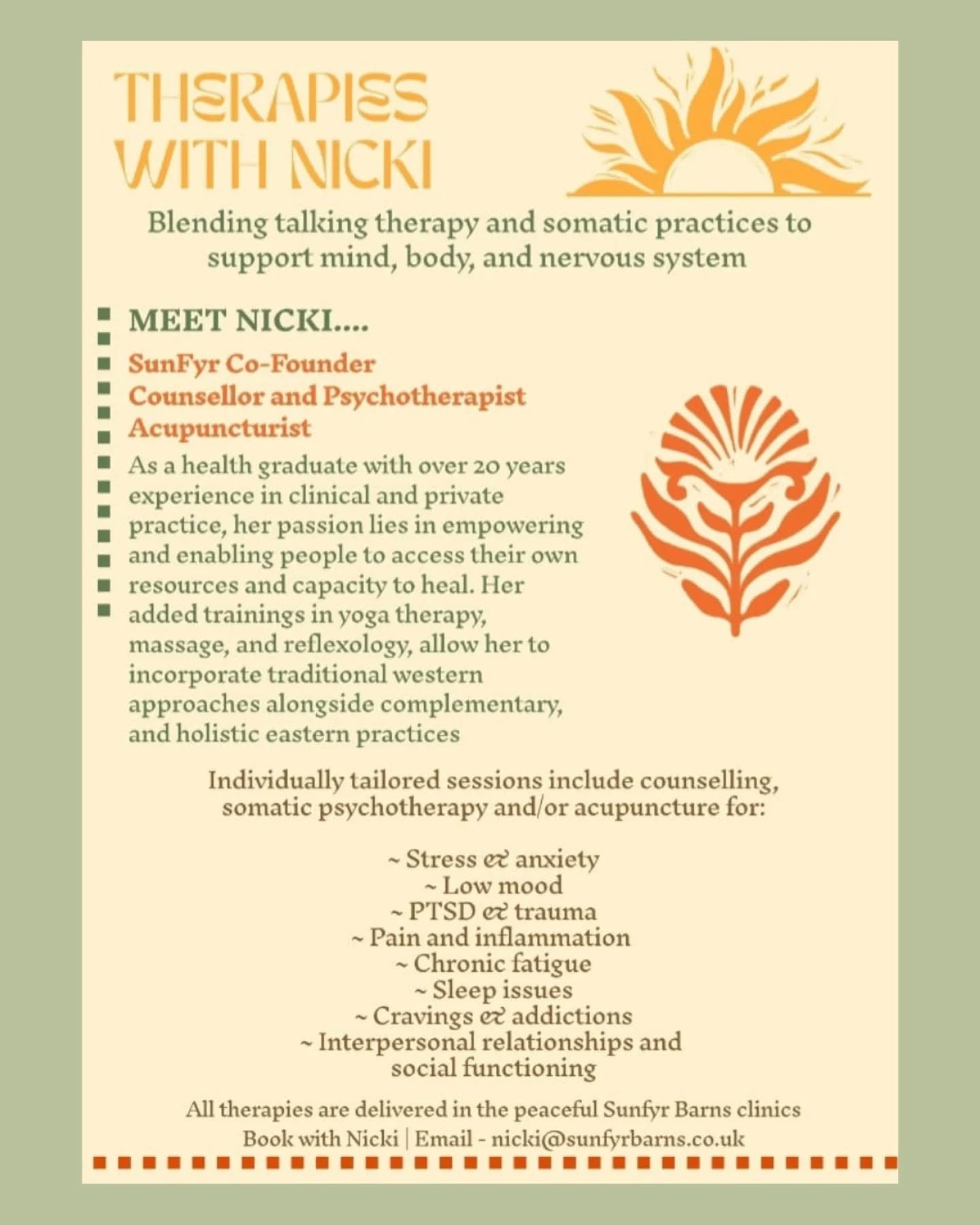 ✨️ New clinic appointments available to book now ✨️

🔅Counselling
🔅Psychotherapy
🔅Acupuncture 

Email Nicki to book a free consultation:
nicki@sunfyrbarns.co.uk

#Counsellingnorwich #BodyPsychotherapy #Auriculotherapy #Somatic therapy