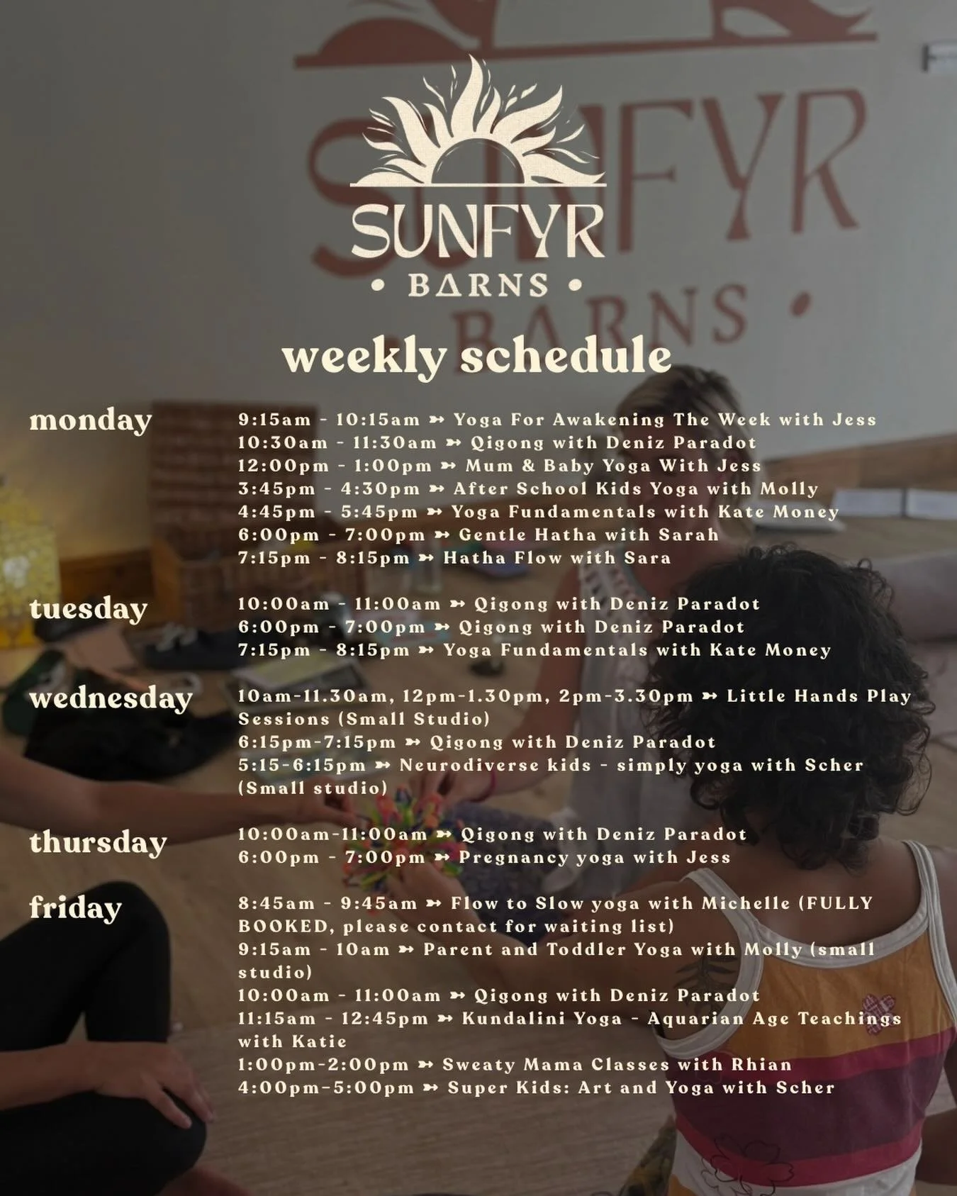 Weekly schedule ✨ 

Our weekly rhythm at SunFyr Barn 🌿
Every day brings something a little different - from peaceful mornings to relaxed afternoons, and find yourself and your people with soulful evenings, come find your moment with us.&rdquo;

We a