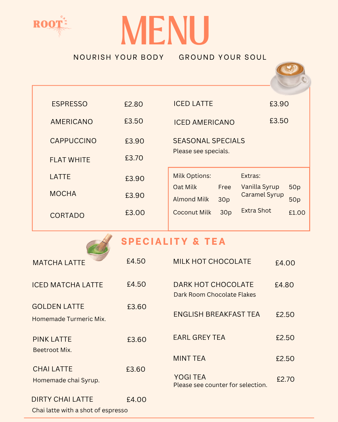 Coffee shop menu with options for espresso, Americano, cappuccino, flat white, latte, mocha, cortado, iced latte, iced Americano, and seasonal specials. Also features specialty teas like matcha latte, iced matcha latte, golden latte, pink latte, chai latte, and drinks including milk hot chocolate, dark hot chocolate, and various teas. Prices are listed in GBP.