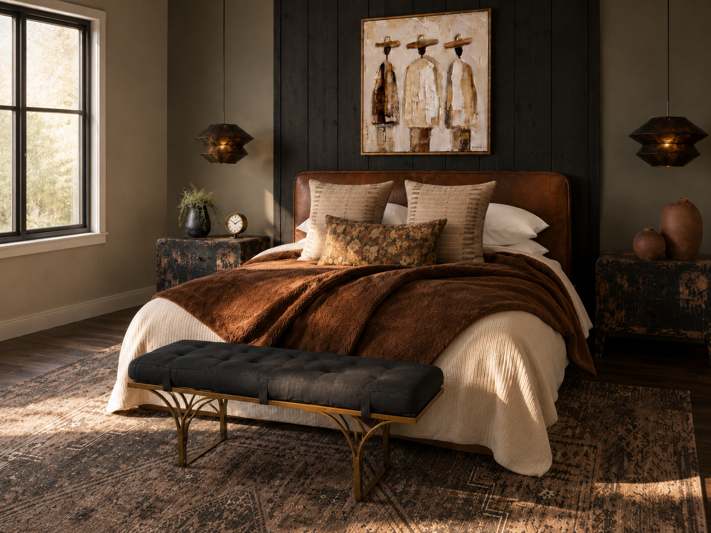 A cozy bedroom featuring a bed with a brown and beige bedding set, several decorative pillows, and a bench at the foot of the bed. There are two dark side tables with vases, a round clock, and lamps hanging above. A window on the left lets in natural light, and an abstract painting hangs above the headboard. The room's decor is warm and earthy with textured rugs and modern accents.