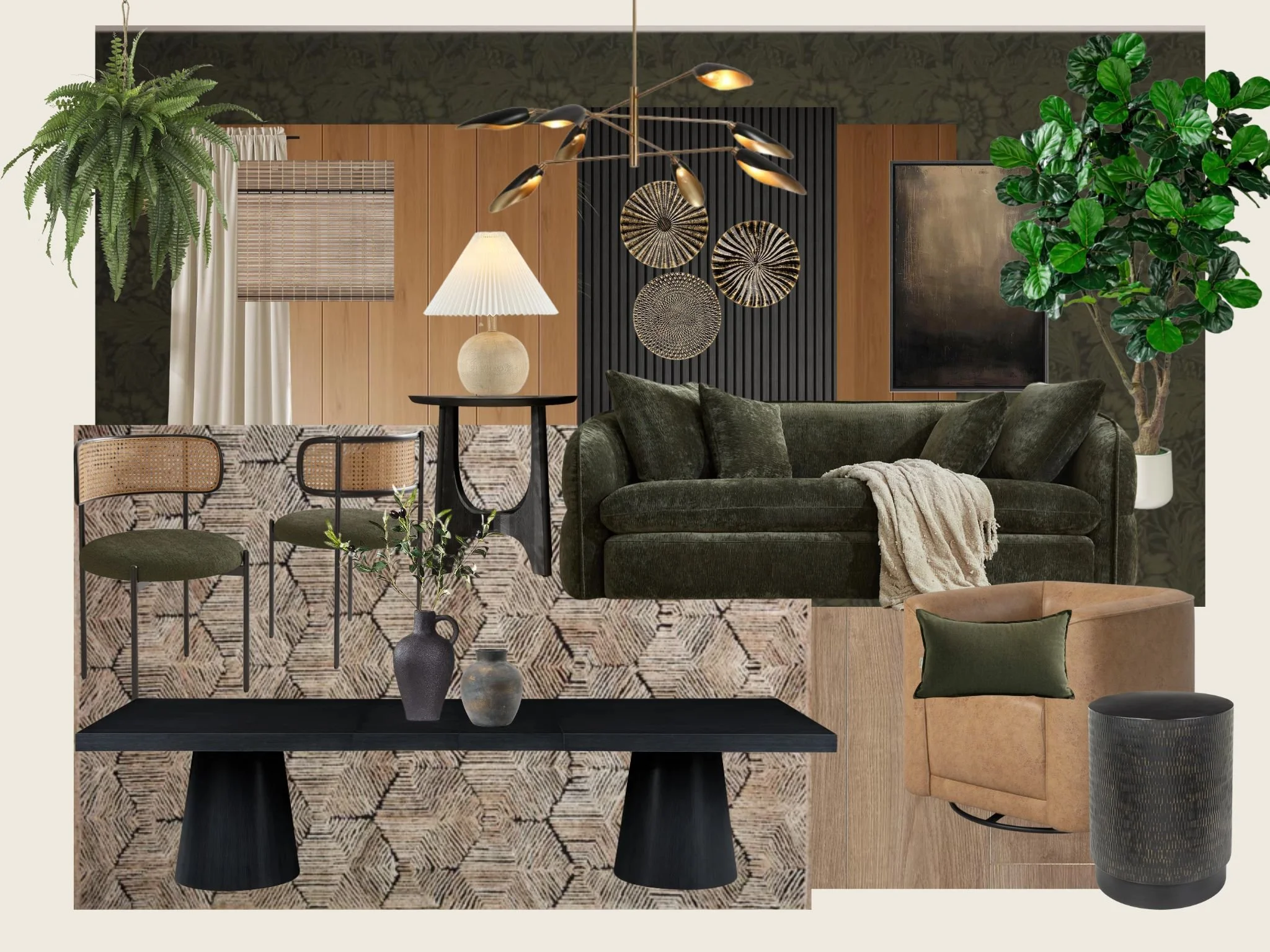 Living room with green velvet sofa, tan armchair, black coffee table, various chairs, large indoor plants, decorative wall art, and modern lighting fixtures.