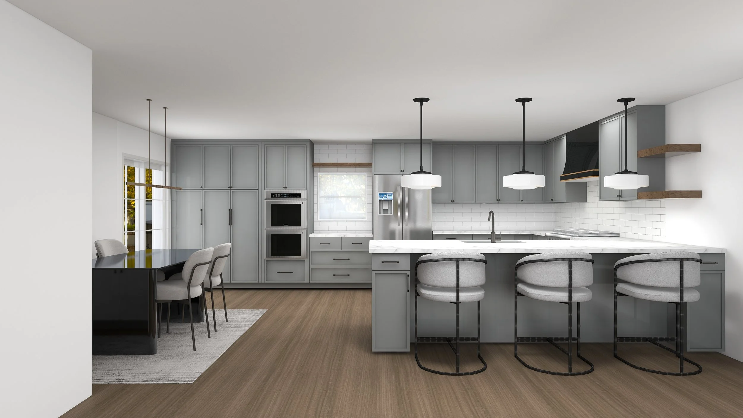 Modern kitchen with gray cabinets, white subway tile backsplash, stainless steel appliances, a large island with a marble countertop, three gray barstools, pendant lights, wooden floors, and a dining area with a black table and gray chairs.