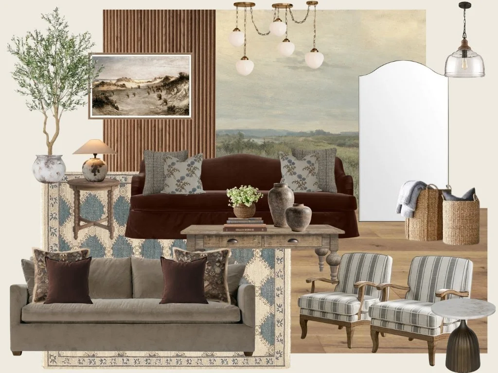 Living room with a sofa, armchairs, a coffee table, decorative vases, a large plant, artwork, and various lighting fixtures, featuring a mix of modern and vintage decor elements.