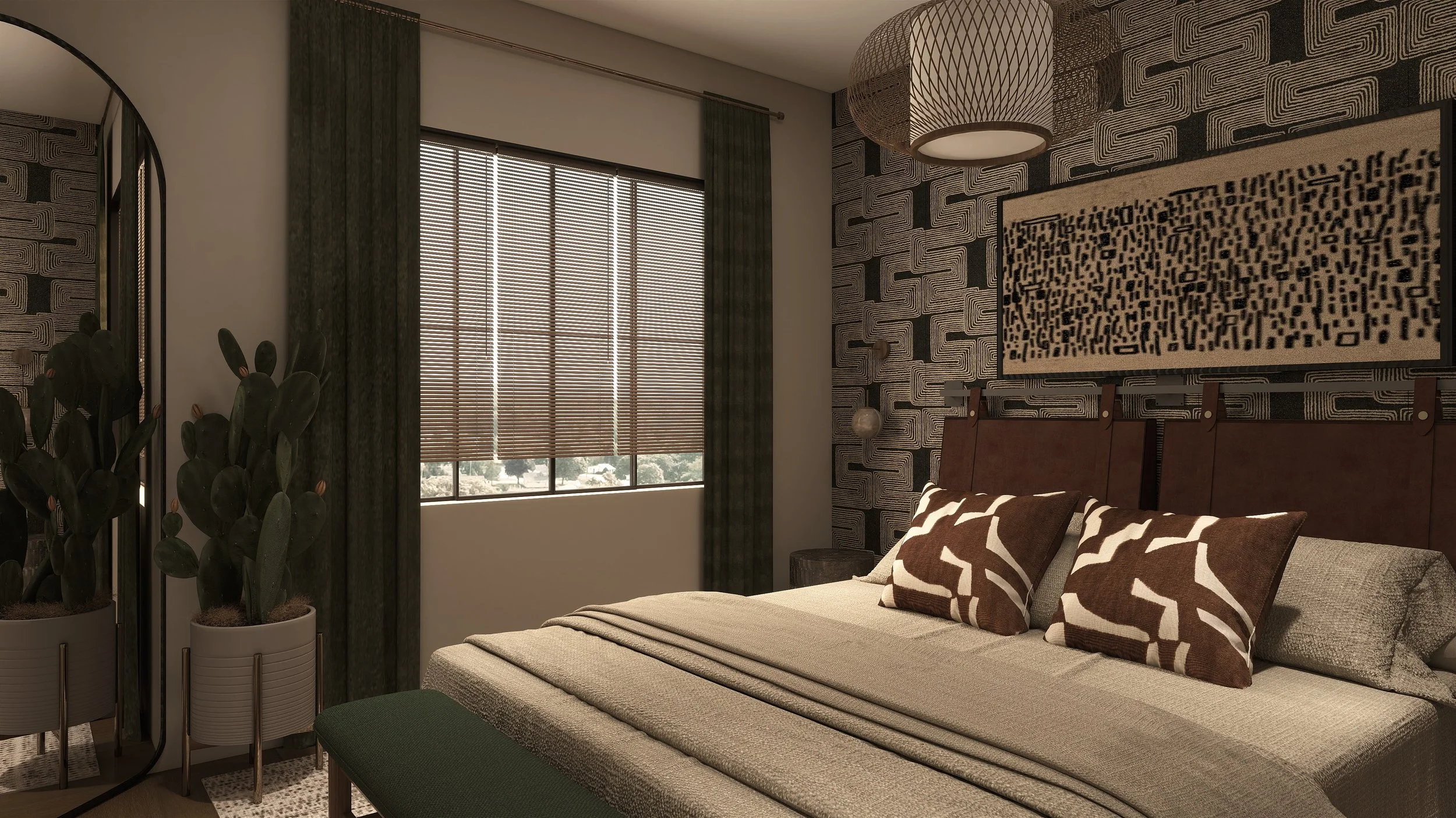A modern bedroom with a large bed, decorative pillows, textured wallpaper, a window with blinds, and indoor plants.
