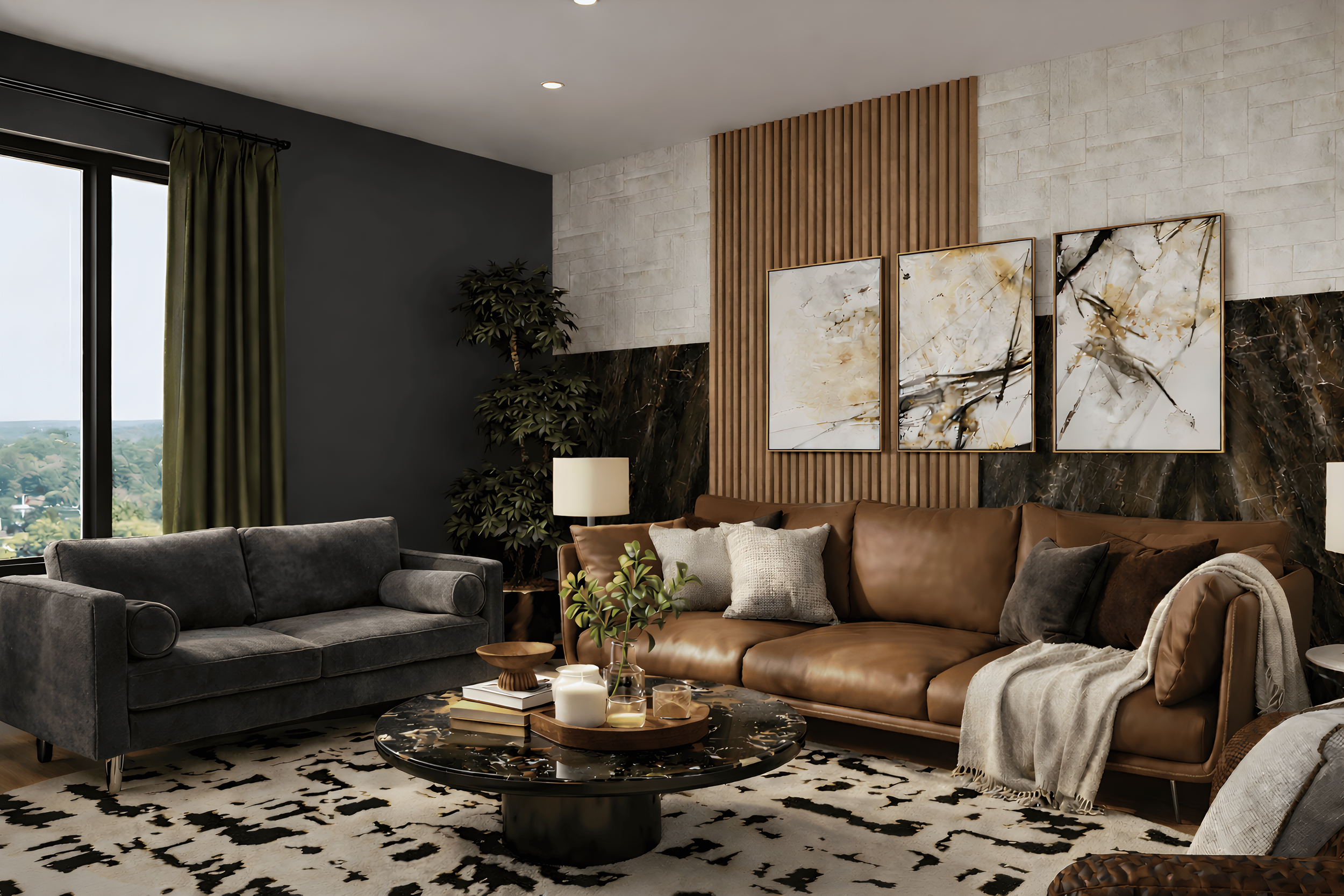 Modern living room with dark gray and brown leather sofas, a black and gold coffee table, and abstract artwork on the wall. Large window with green curtains, a potted plant, and decorative items on the coffee table.