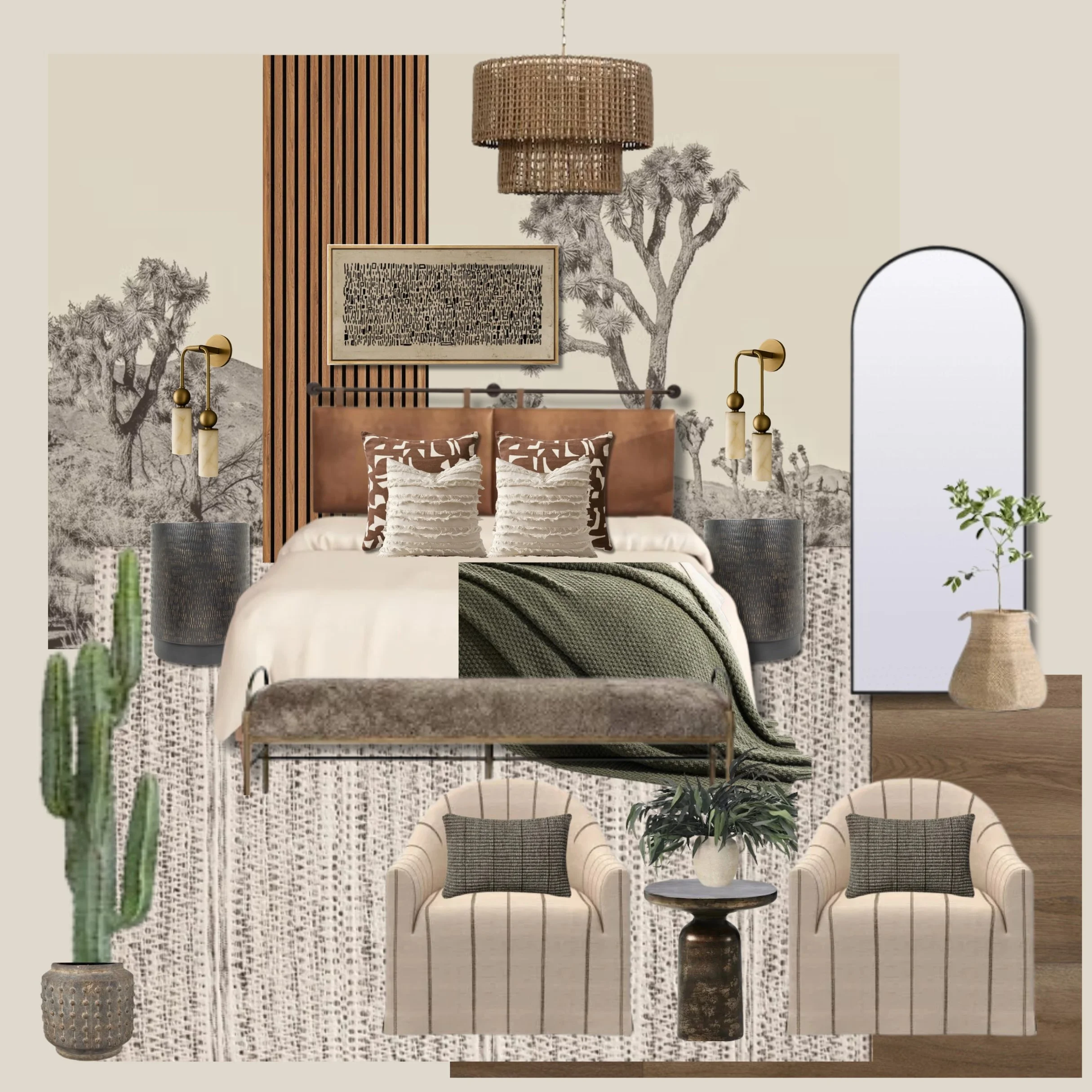 A modern bedroom with a neutral color palette, featuring a bed with a leather headboard, decorative pillows, a green throw blanket, and wall-mounted sconces. There are two armchairs with throw pillows, a round side table with a plant, a cactus in a pot, a tall plant in a woven basket, a large mirror, and wall art above the bed. The room has wooden accents, a patterned rug, and a textured ceiling light fixture.