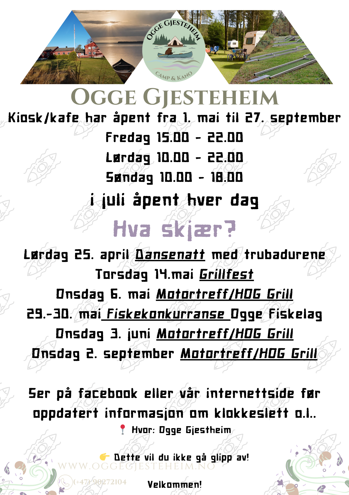 Informasjon om åpningstider og arrangementer ved Ogge Gjestheim, inkludert camping og matservering, med bilder av natur og camping, samt logo for stedet.