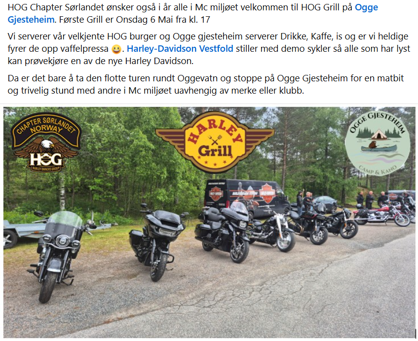 Motorsykler parkert ved HOG Grill på Ogge Gjestheim, omgitt av grønne trær.