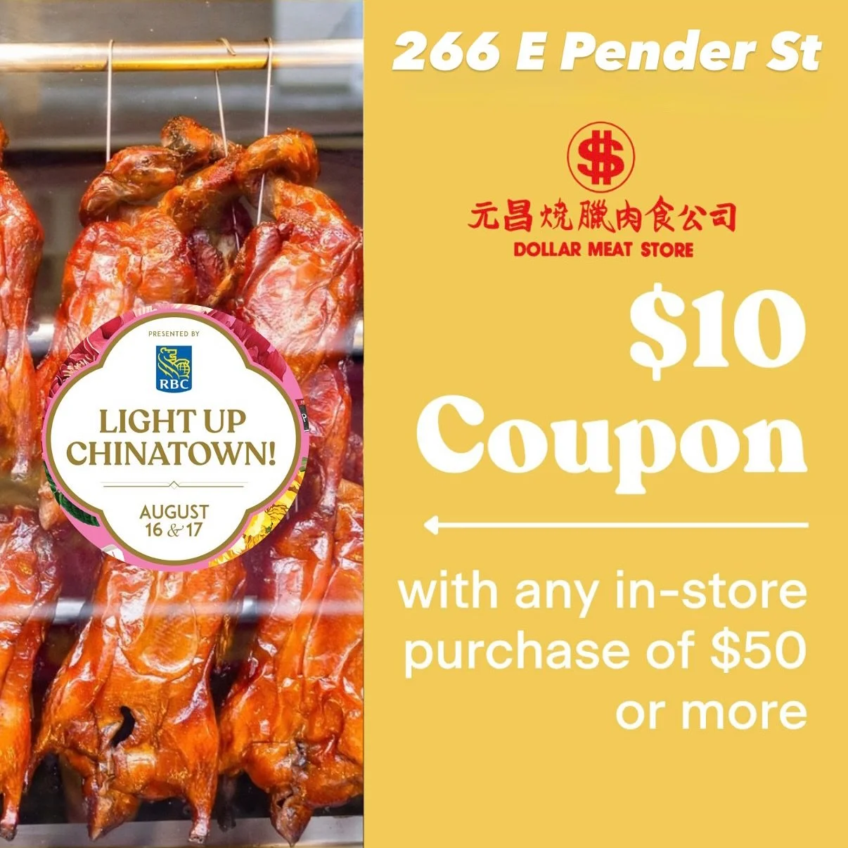 ✨ Light Up Chinatown is back this weekend  August 16 &amp; 17! ✨
Stroll through vibrant lantern-lined streets, enjoy live performances, and treat yourself to delicious eats from local favourites.

📍 Stop by @dollarmeatstore at 266 E Pender St and ge