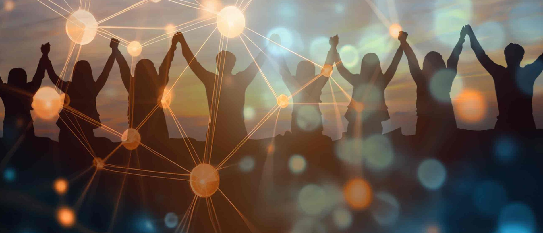 Silhouettes of people holding hands in a circle, with a digital network overlay and a sunset in the background.