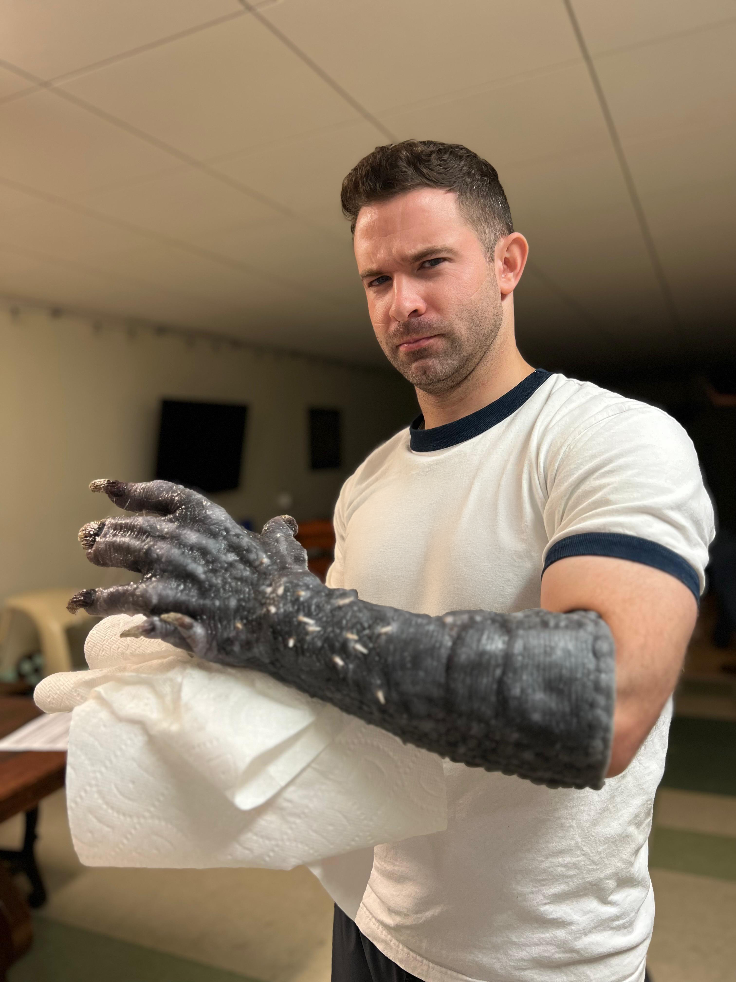 Behind-the-Scenes - Bloodwaters Horror Short - Stephen Robinson with Monster Arm Prosthetic