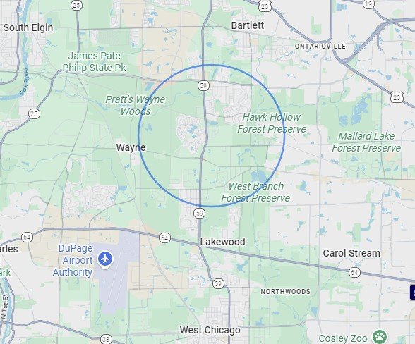 Map showing Lakewood, West Chicago, and surrounding areas with parks and highways in Illinois.