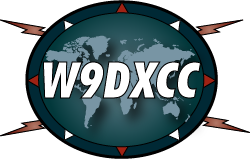 Logo with world map background and the text 'W9DXCC' in bold white letters