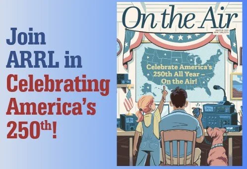 A promotional poster celebrating America's 250th anniversary, featuring a family at a radio station with a large screen displaying the US map and patriotic banners.