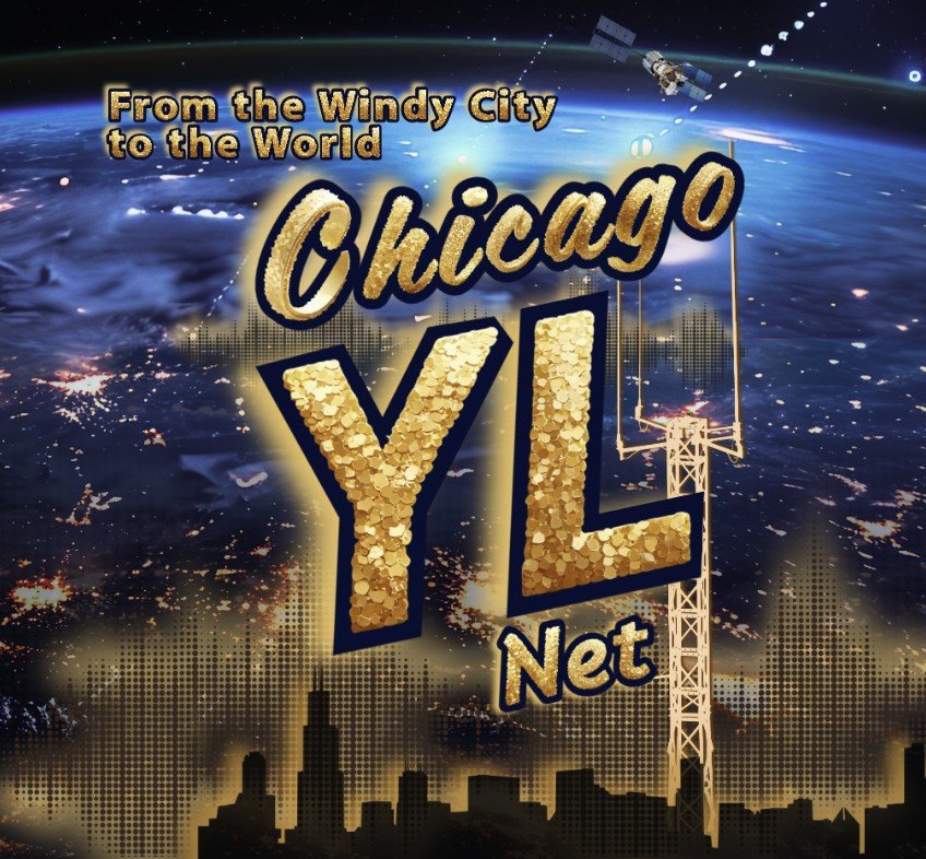 A graphic promoting the Chicago YL Net with a city skyline, a large gold text.