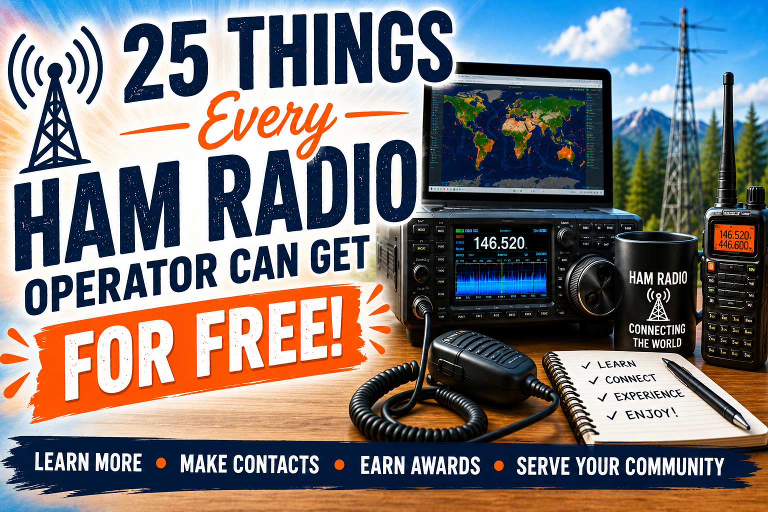 Promotional image for HAM radio, featuring radios, a laptop with a world map, a notepad with checked items, and text advertising free radio operator training with benefits like learning, connecting, earning awards, and community service.