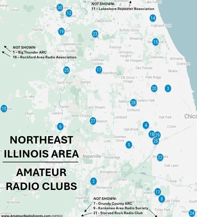 Map showing Northeast Illinois area amateur radio clubs, with numbered blue dots representing club locations. Larger text indicates the region, with some clubs marked as not shown.