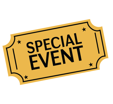 Gold-colored ticket-shaped sign with black text reading 'Special Event' and decorative stars.