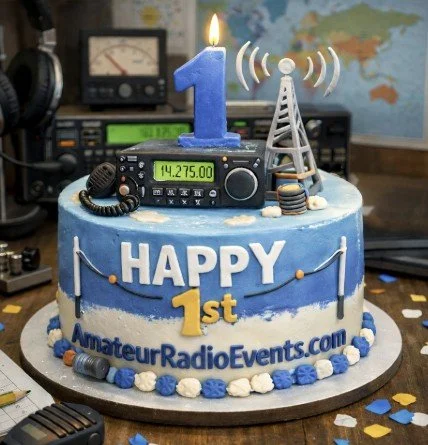 A birthday cake celebrating the one year anniversary of the launch of AmateurRadioEvents.com which includes a radio and antenna on top with a blue number one candle.