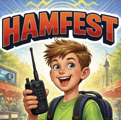 Hamfest graphic with boy holding a walkie-talkie at an outdoor hamfest.